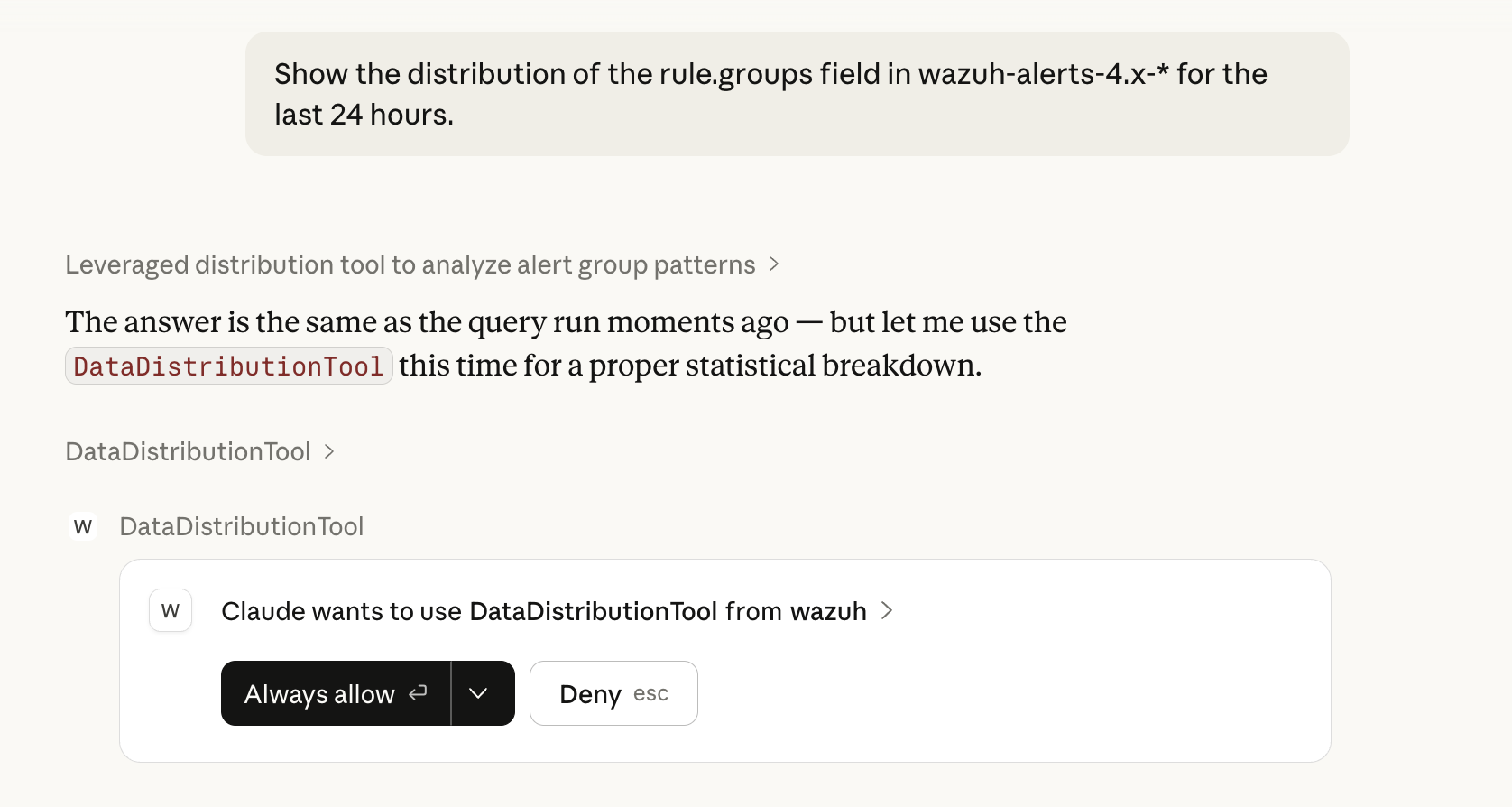 Claude invokes DataDistributionTool for rule.groups distribution